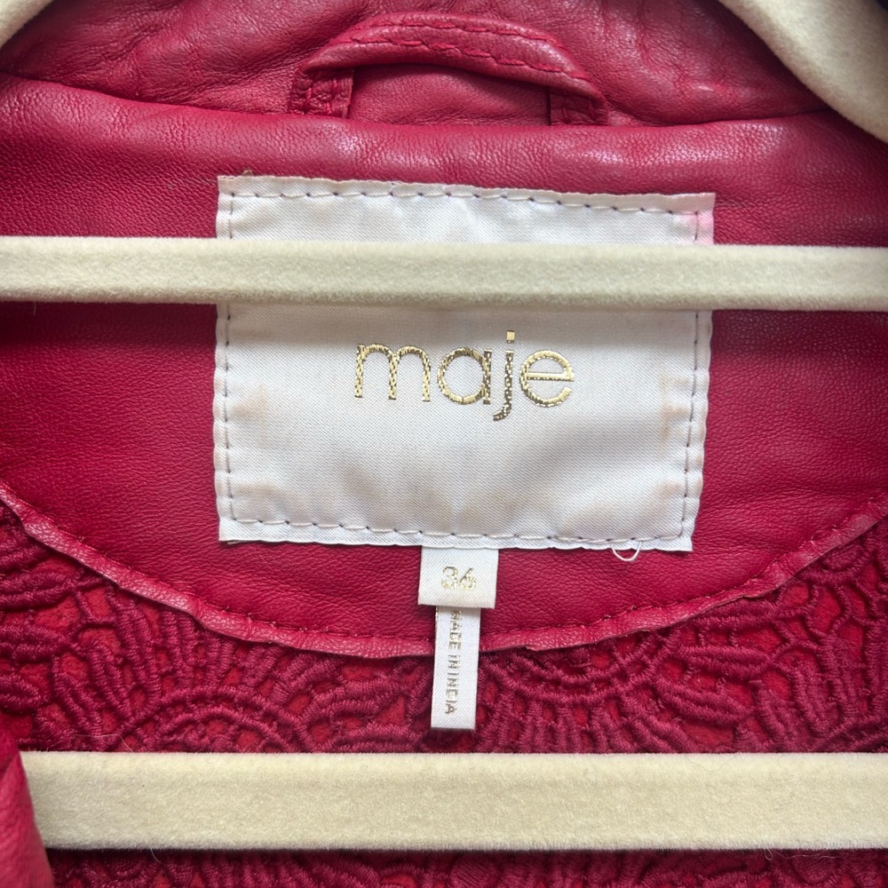 MAJE RED CROPPED LAMBSKIN LEATHER MOTO BIKER FLORAL LINED JACKET FR 36 S… - Picture 3 of 4